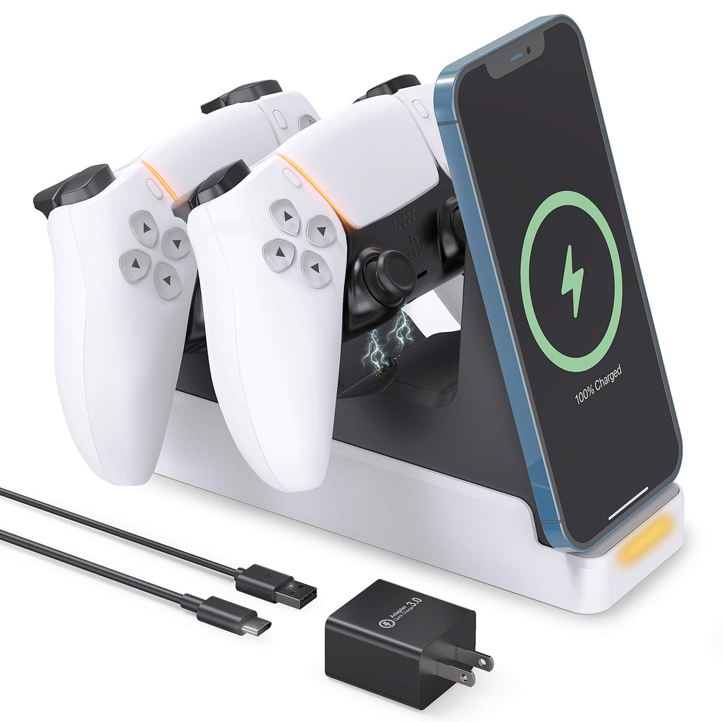 [Australia - AusPower] - VMEI PS5 Controller Charging Station, DualSense Wireless Charging Dock,15W Fast Wireless Charger Compatible with Dual Playstation 5 Controllers/iPhone/Samsung All Qi-Certified Phones-White 