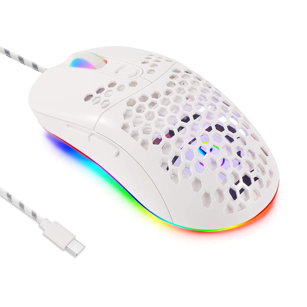 [Australia - AusPower] - Gaming Mouse, Cellular Hollow Design Lightweight Wired Mouse with RGB Backlit 7200 DPI 4 Adjustable Type C Port Mice, for MacBook Pro Chromebook Tablet Laptop PC (White) White 