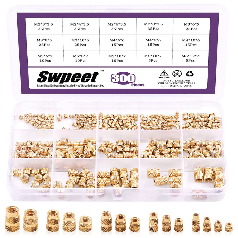 [Australia - AusPower] - Swpeet 300Pcs 5 Values M2 M3 M4 M5 M6 Female Thread Knurled Nuts Brass Threaded Insert Embedment Nuts Hydraulic Welded Joint Injection Molding Assortment Kit Perfect for 3D Printing Injection Molding 