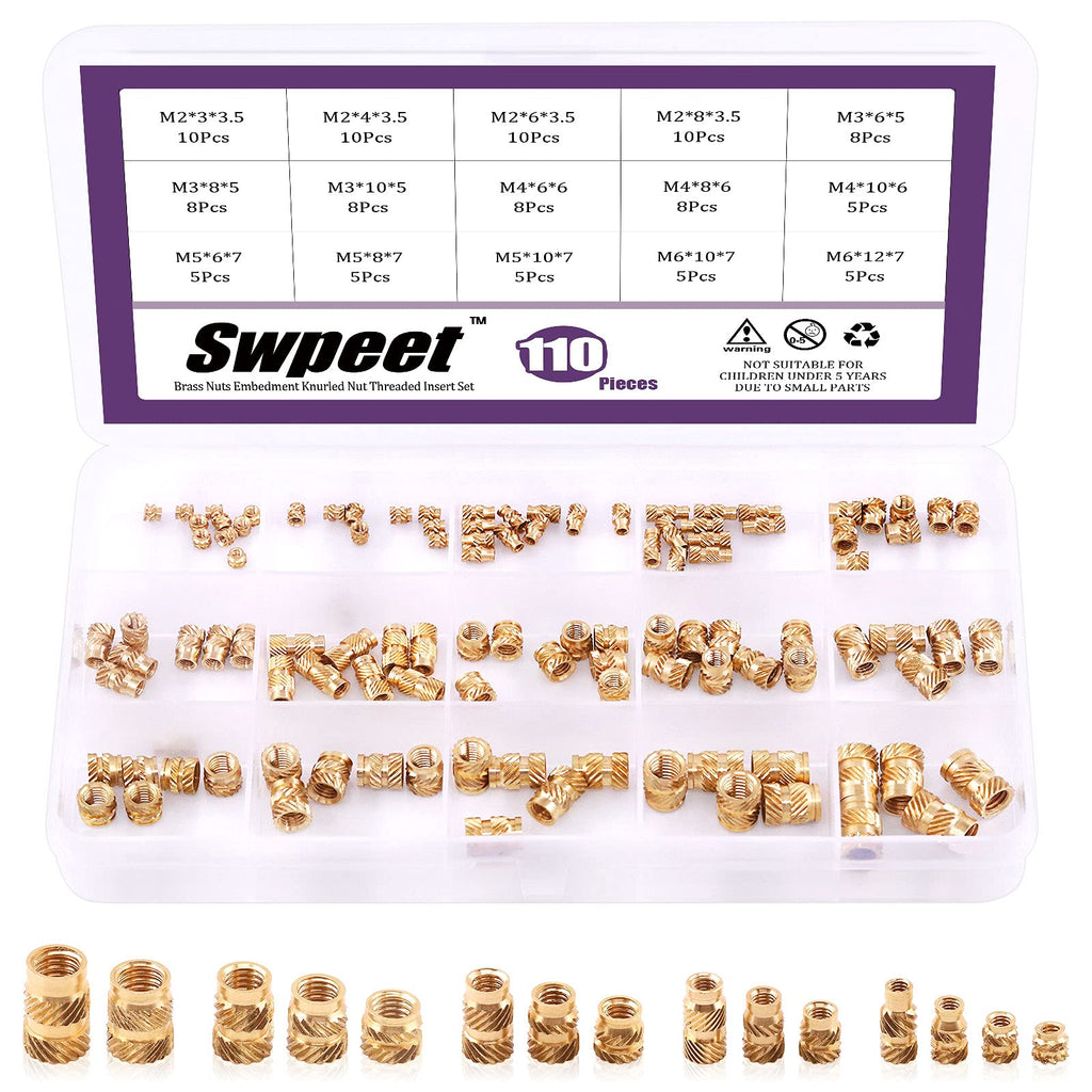 [Australia - AusPower] - Swpeet 110Pcs 5 Values M2 M3 M4 M5 M6 Female Thread Knurled Nuts Brass Threaded Insert Embedment Nuts Hydraulic Welded Joint Injection Molding Assortment Kit Perfect for 3D Printing Injection Molding 