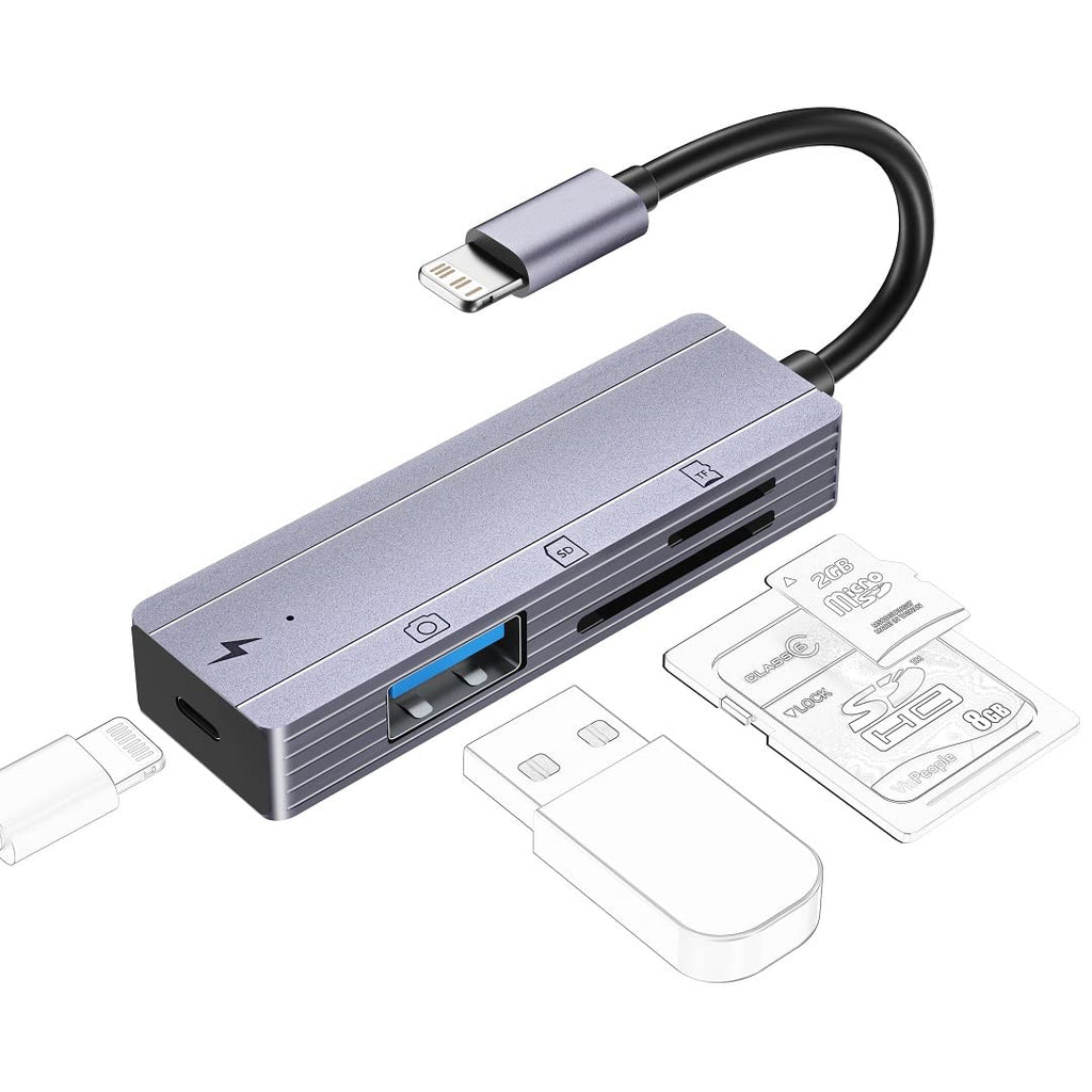 [Australia - AusPower] - sunshot SD TF Card Reader Hub, 4in1 USB Camera Adapter with USB Female OTG Cable, Charging and Slot Card, Compatible with Phone12/11/Xs/Xr/X & Pad, Support USB Disk, Mouse, Keyboard, Hubs, MIDI (Gray) OTG + Charge + Card reader 