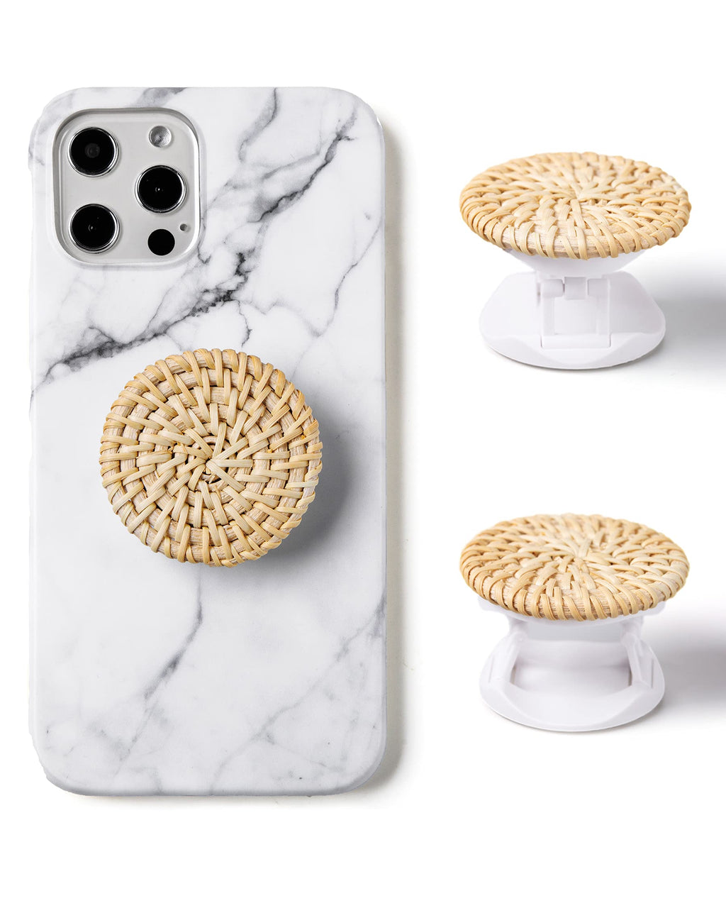 [Australia - AusPower] - Matte Stone Handmade Real Natural Rattan Phone Grip Stand for Cell Phone and Tablet (White) 