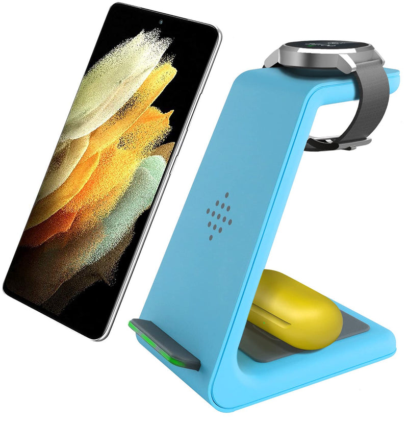 [Australia - AusPower] - Wireless Charger 3 in 1 Wireless Charging Station for Samsung Galaxy Watch 3,Active2/1,Gear S3/S2/Sport/Fit,Galaxy Buds+/Live,Fast Charging Stand for Samsung S20/S10/S10e/Note 20 Ultra 10/9/8/Z Flip Blue 