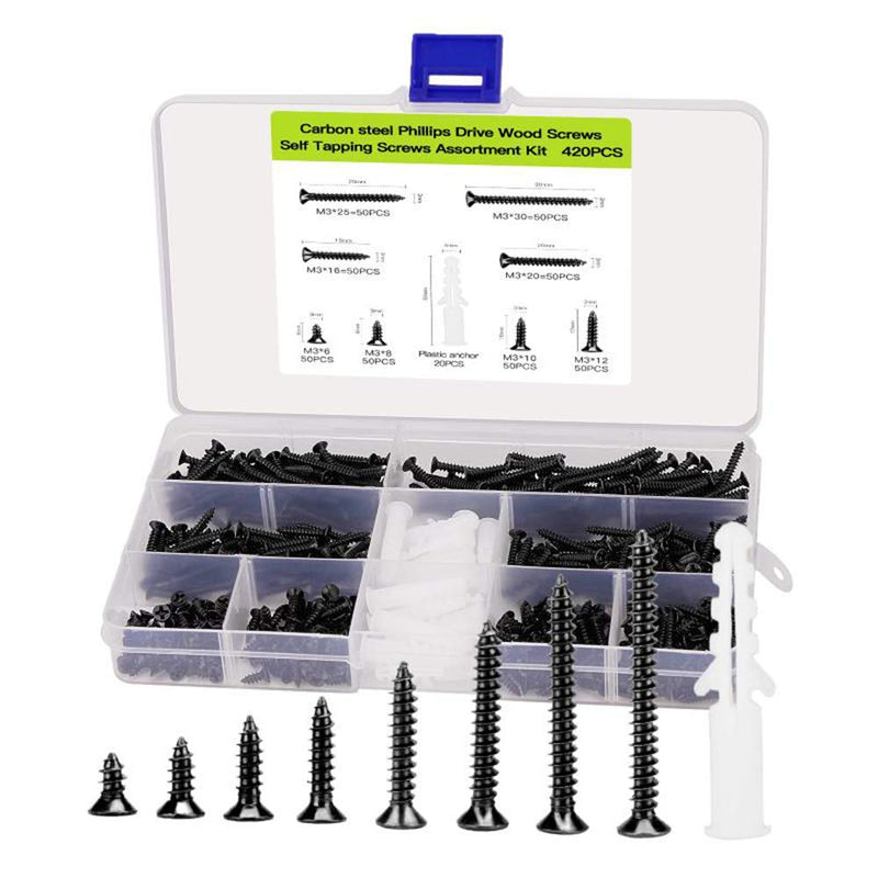 [Australia - AusPower] - M3 Flat Head Wood Screws Assortment Fasteners Kit 420pcs,Phillips Drive Countersunk Head Self-Tapping Screws,Carbon Steel,Contains 20pcs M6 Screw Anchors Black 