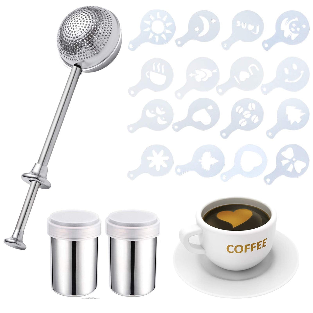 [Australia - AusPower] - 4 Pcs Powdered Sugar Shaker Duster Set, 1 Stainless Steel Sifter Dusting Wand with 2 Mesh Shaker Powder Cans and 16 Coffee Stencils, Flour Sifter for Baking, Cocoa Cinnamon Powder Meringue Powder 