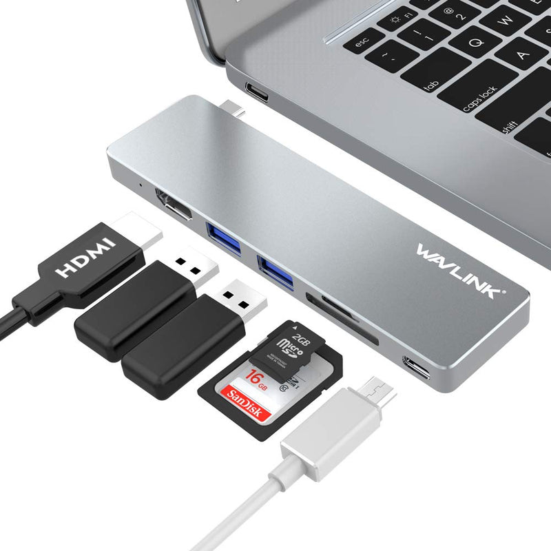 [Australia - AusPower] - WAVLINK USB C Hub, 6-in-1 Type C Adapter Aluminum Multi-Port Mini Dock with HDMI, 2 USB 3.0, SD/TF Card Reader, USB C Power Delivery Port for MacBook 2015 Later 6-in-1 HDMI 
