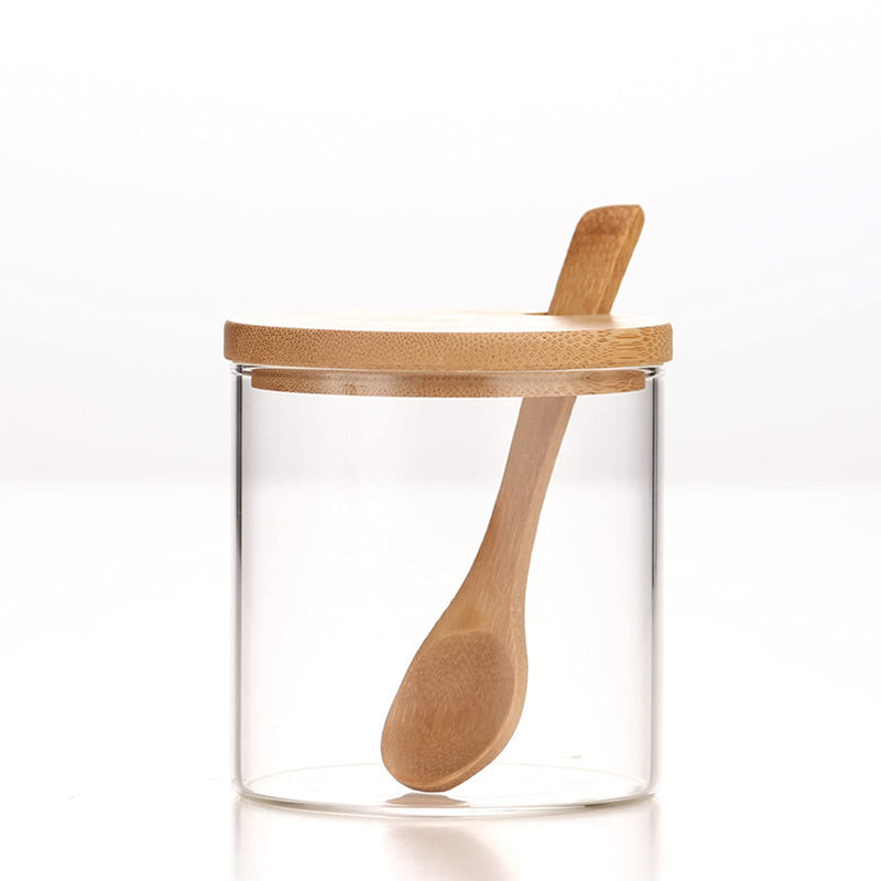 [Australia - AusPower] - 300ML/10Oz Clear Glass Jar with Bamboo Lid and Wooden Spoon, Cute Sugar Bowl Bath Salt Storage Canister Seasoning Container Condiment Pot with Scoop for Spice, Pepper for Kitchen, Table, Countertop 1 