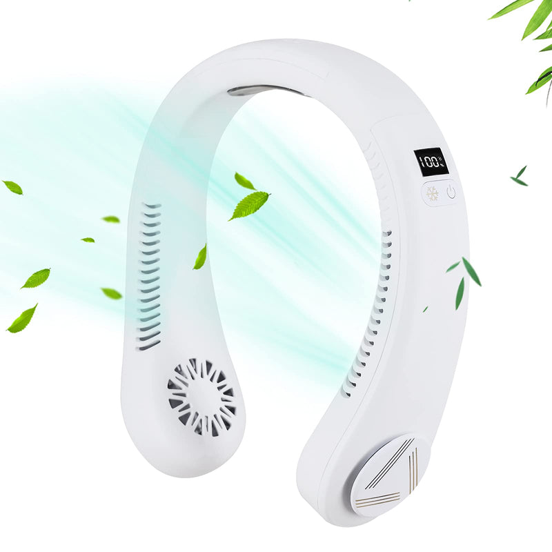 [Australia - AusPower] - Refrigeration Mini Portable Hands Free Leafless Neck Fan with LED Smart Display, 4000mAh Wearable Bladeless Cooling Effect Hanging Neckband Fan, USB Charging Headphone Design Personal Fan, 3 Speeds for Outdoor Indoor (White) White 