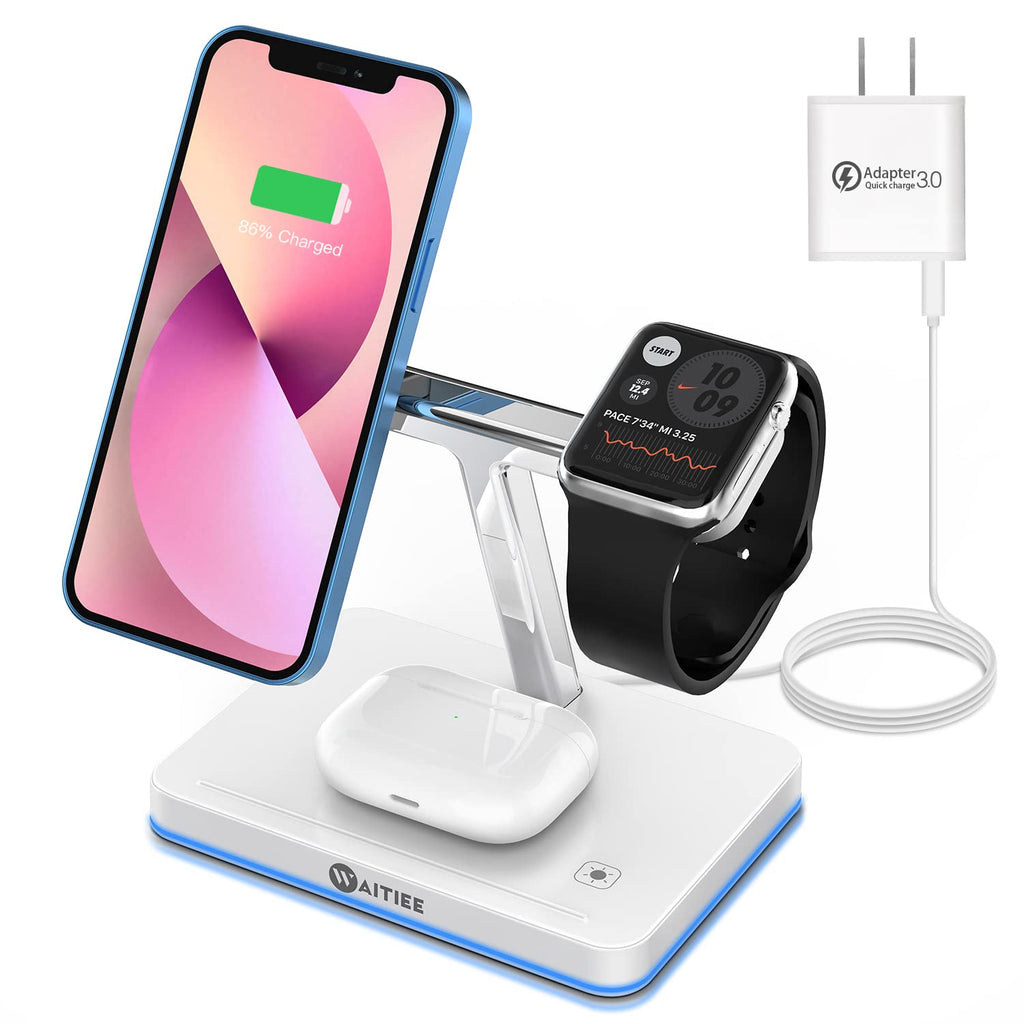 [Australia - AusPower] - WAITIEE 3 in 1 Magnetic Charger Wireless Charging Station Compatible with iPhone 13/13pro/13 promax/13mini/12/12 Pro/12 Pro Max/12 Mini,iWatch SE/6/5/4/3/2, Airpods 2/Pro with QC 3.0 Adapter white 