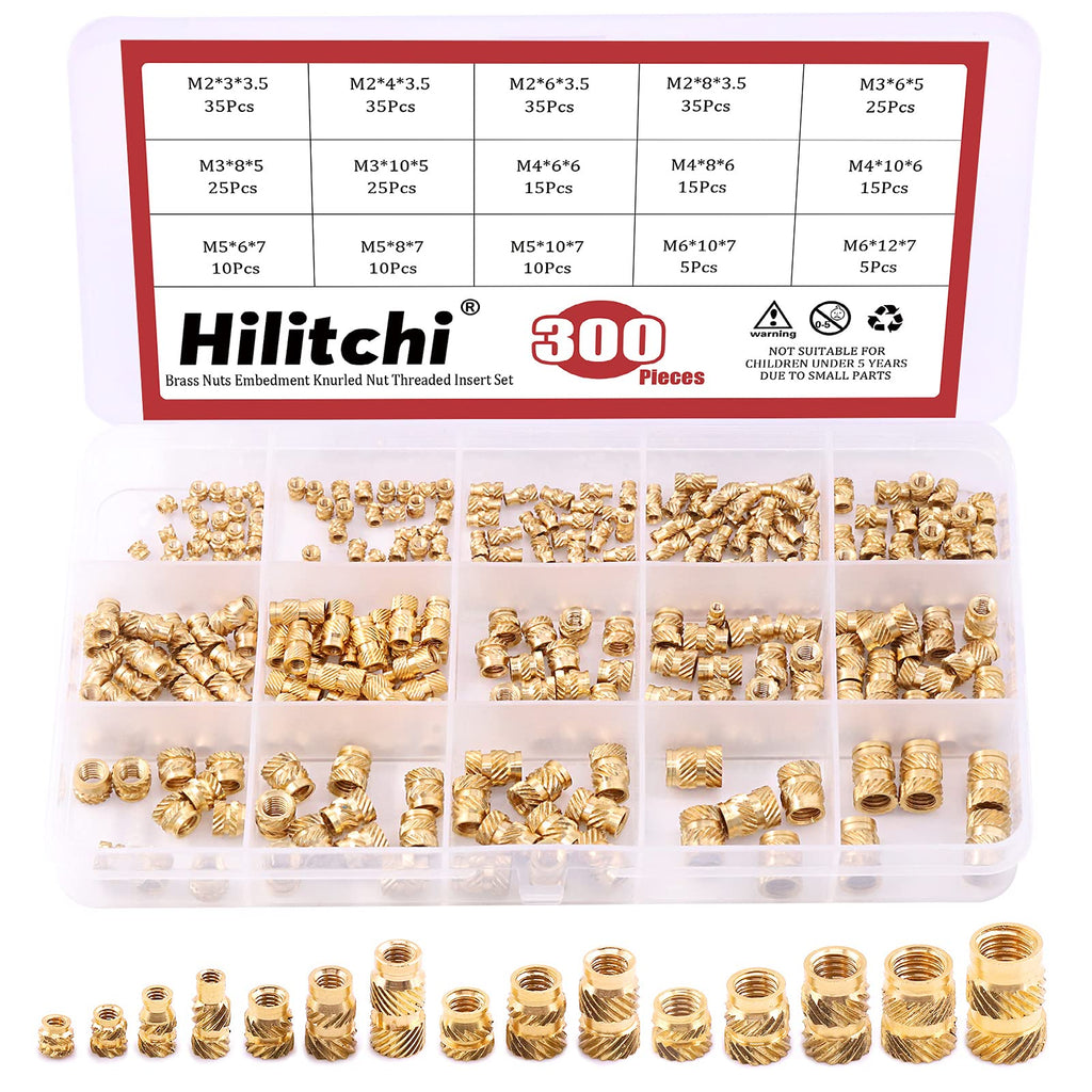 [Australia - AusPower] - Hilitchi 300Pcs Brass Knurled Nuts Threaded Heat Embedment Nut for Printing 3D Printer and More Projects (Assortment Kit) Assortment Kit-300PCS 