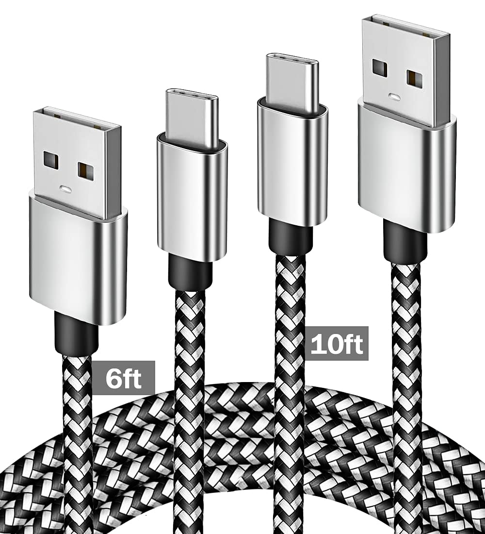 [Australia - AusPower] - USB C Cable 2Pack 6ft 10ft Fast Charging Long C Type Phone Charger Cord for Samsung A02S A11 A12 A21 A32 A51 A52, Galaxy S9 S10 S10E S20 S21 FE Ultra, Note 10 20 Plus, LG Stylo 5 6 V40 V60 Thinq k51 Silver&Black 