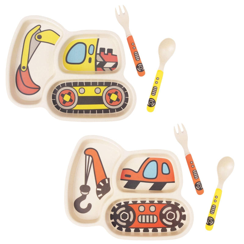 [Australia - AusPower] - Kid Plate Set Bamboo Toddler Plates Dinnerware Dinner Dish Set Baby Feeding Spill Proof Divided Plate - Baby Spoon and fork 3-Piece Set Teaches Child Portion Control Eco-Friendly (excavator/crane) excavator/crane 
