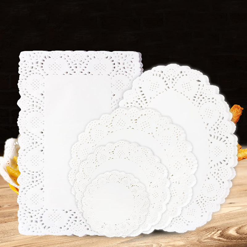[Australia - AusPower] - 250 PCS Paper Doilies Lace Assorted Size Food Grade Modern Decorative Placemats Bulk Add Elegance to Crafts, Coffee, Cake, Desert, Table, Wedding, Tableware Decoration (Round Rectangle Oval White) 