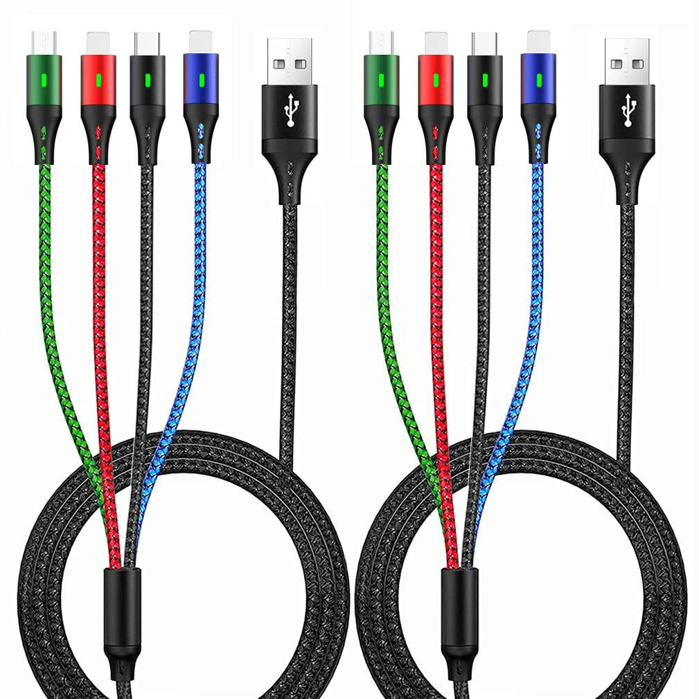 [Australia - AusPower] - 2Pack Multi Charging Cable 3.5A, 5ft/1.5m 4-in-1 Multiple Charger Cord Nylon Braided Fast USB Charge Cord with Dual IP/Type C/Micro USB Ports for Phone/Samsung Galaxy/LG/OnePlus/Tablets and More Blac1 