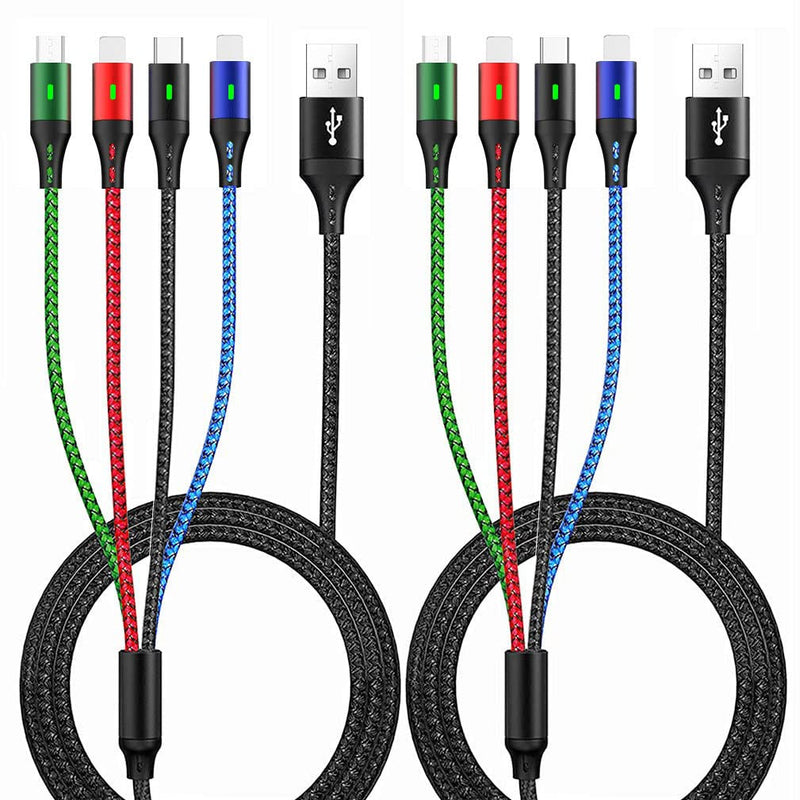[Australia - AusPower] - 2Pack Multi Charging Cable 3.5A, 5ft/1.5m 4-in-1 Multiple Charger Cord Nylon Braided Fast USB Charge Cord with Dual IP/Type C/Micro USB Ports for Phone/Samsung Galaxy/LG/OnePlus/Tablets and More Blac1 