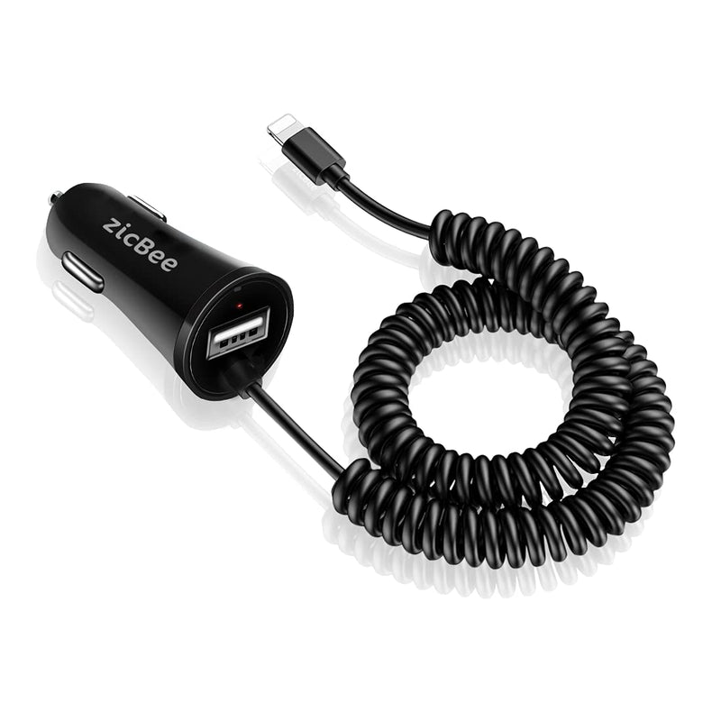 [Australia - AusPower] - iPhone Car Charger - [Apple MFI Certified] 4.8A/24W Lightning Fast Charging with Built-in Coil Cable for Apple iPhone 13/12/11/Xs/XS Max/XR/X/SE/8/7/6s/6 Plus, iPad and USB Port for Android Phones 
