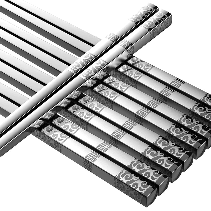 [Australia - AusPower] - Metal Chopsticks Reusable 5 Pairs Stainless Steel Chopsticks Dishwasher Safe Square Lightweight Non-Slip Chop Sticks Gift Set (Silver) 