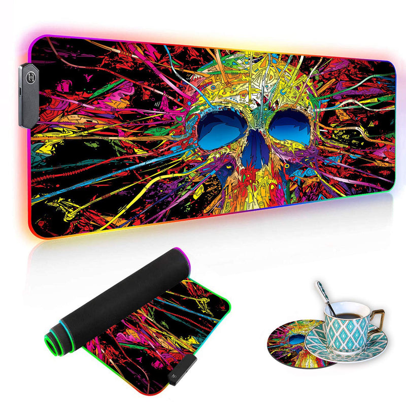 [Australia - AusPower] - Luasao RGB Gaming Mouse Pad with Coffee Coaster, Color Skull Design XXL Large Glowing LED Mousepad, Anti-Slip Rubber Base, Computer Keyboard Desk Mouse Mat 31.5 X 11.8 Inch 