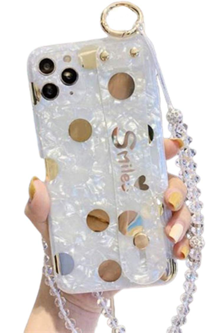 [Australia - AusPower] - for iPhone 12/iPhone 12 Pro Case for Women Girls with Wrist Strap Kickstand,Luxury Glitter Sparkle Soft TPU Pearl Bumper Bling Diamond Polka Dot Design with Loopy Ring Holder and Bead Neck Lanyard iPhone 12/iPhone 12 Pro 6.1 Inch 