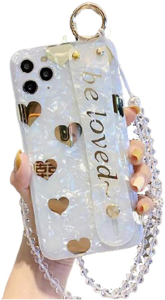 [Australia - AusPower] - for iPhone 12/iPhone 12 Pro Case for Women Girls with Wrist Strap Kickstand,Luxury Glitter Sparkle Soft TPU Pearl Bumper Bling Cute Love Heart Design with Loopy Ring Holder Bead Neck Lanyard iPhone 12/iPhone 12 Pro 6.1 Inch 
