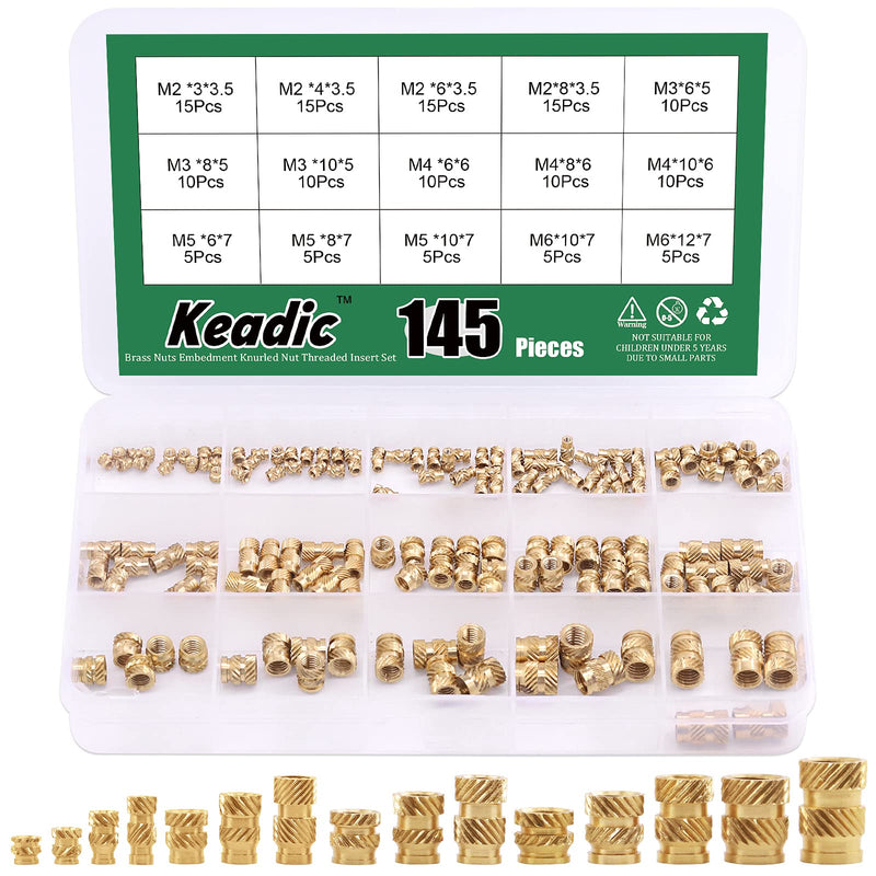 [Australia - AusPower] - Keadic 145 Pcs M2 M3 M4 M5 M6 Thread Brass Knurled Nuts Assortment Set, Female Threaded Insert Embedment Nuts, Threaded Knurled Heat Set for Printing 3D Printer and More Projects M2/M3/M4/M5/M6 