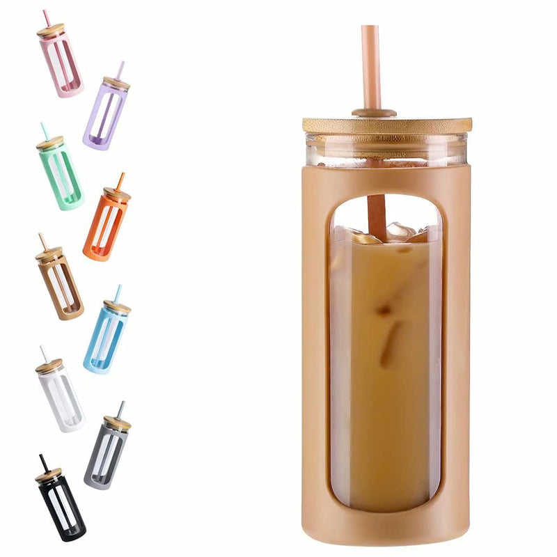 [Australia - AusPower] - Kodrine 20oz Glass Water Tumble with Straw and Lid,Bamboo Lids Water Bottle, Iced Coffee Cup Reusable, Wide Mouth Smoothie Cups, Straw Silicone Protective Sleeve BPA FREE-Amber 20oz-Amber 1 Count (Pack of 1) 