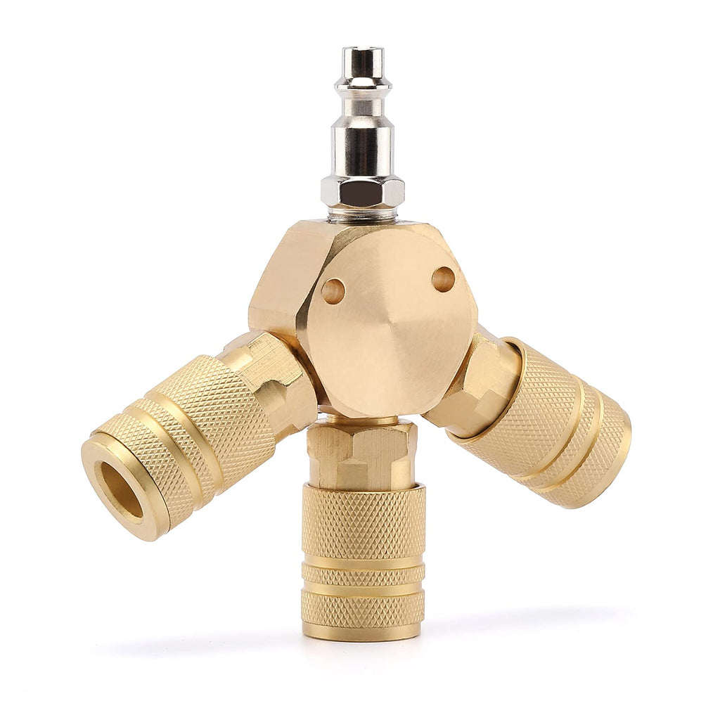 [Australia - AusPower] - AIRTOON Air Splitter, 1/4 Inch NPT 3-Way Air Manifold with 3 Pieces Brass Industrial Quick Couplers, Hex Style, 3 Quick Brass Coupler and 1/4 Inch MPNT Plug 