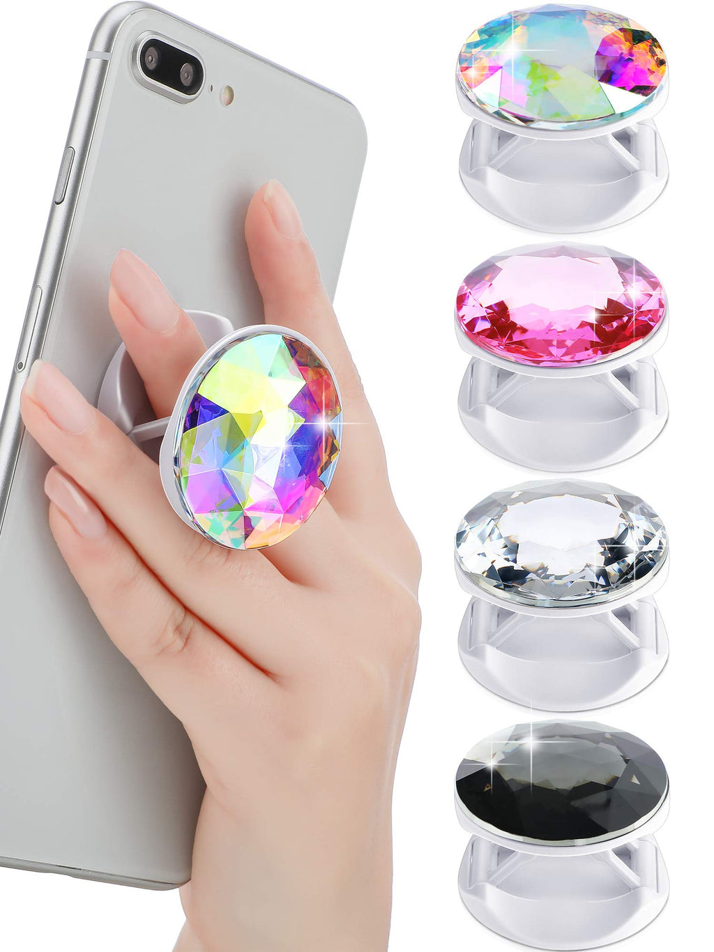 [Australia - AusPower] - Weewooday 4 Pieces Disco Crystal Phone Grip Plastic Diamond Phone Holders Collapsible Phone Grip Holder Adhesive Foldable Expanding Finger Stand Holder Kickstand (White, Pink, Black, Rainbow) White, Pink, Black, Rainbow 