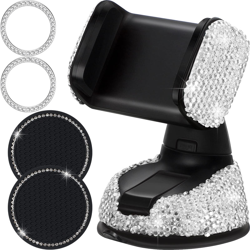 [Australia - AusPower] - 5 Pieces Bling Car Phone Holder Rhinestone Phone Mount for Car, Crystal Car Air Vent Car Coasters Car Ring Emblem Sticker Accessories Set (White and Black) White and Black 