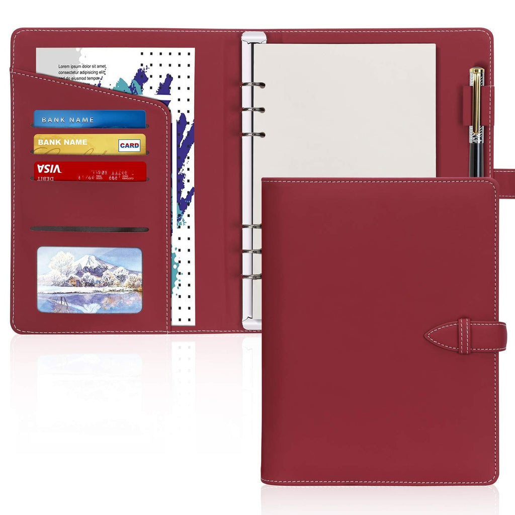 [Australia - AusPower] - Skycase A5 Binder,PU Leather A5 Binder,6 Ring Binder Planner Notebooks Portfolio with Document Sleeve/Card Holder/Pencil Holder for A5 Filler Paper for Business Office Supplies (No Paper),Wine Red 
