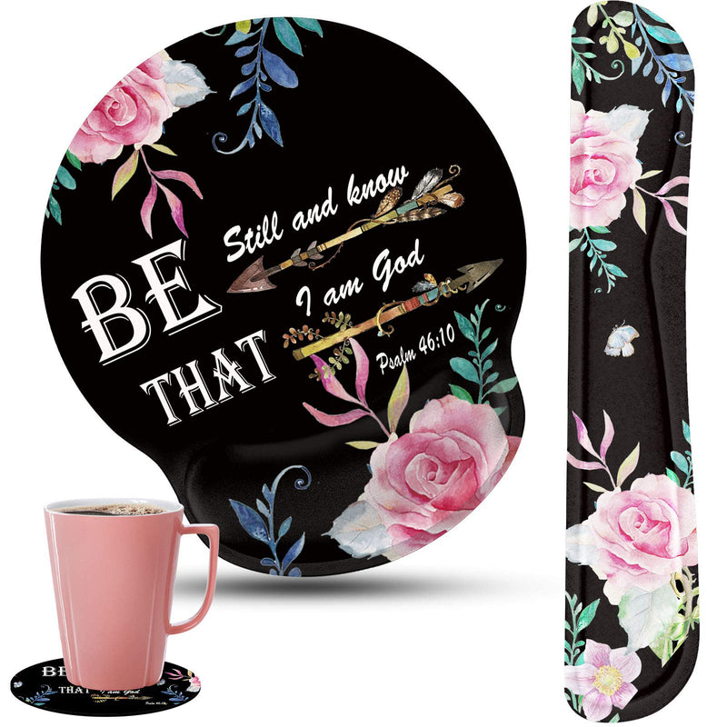 [Australia - AusPower] - Keyboard Wrist Rest and Mouse Pad Wrist Support Set with Coffee Coaster, Non-Slip PU Base for Gaming and Office, Comfortable & Lightweight for Easy Typing & Pain Relief,Flower Bible Verse Psalm 46:10 Flower Bible Verse Psalm 46:10 