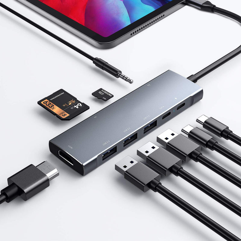 [Australia - AusPower] - USB C HUB for iPad Pro 9-in-1 Adapter iPad Pro 2021 2020 12.9 11 inch iPad Air 5 4 Docking Station with 4K HDMI, USB-C PD, SD/TF Card Reader, USB 3.0, 3.5mm Headphone Jack, Type C Data, iPad Mini 6 