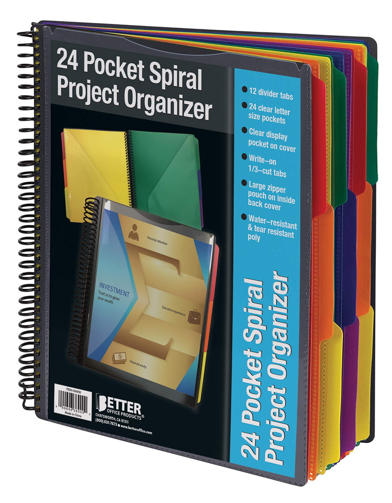[Australia - AusPower] - 24 Pocket Poly Spiral Project Organizer, Heavy Duty, with Back Cover Utility Pouch, 1/3 Cut Tabs, 12 Tab Color Dividers, Clear View Front Cover, Letter Size, Project Folder, by Better Office Products 