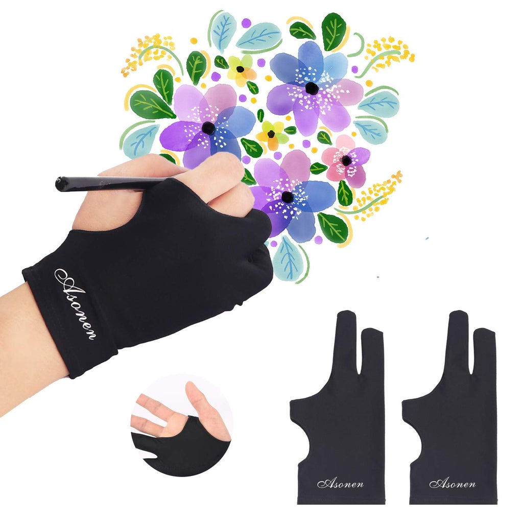 [Australia - AusPower] - Asonen - Artist Gloves for Drawing 2 Pack,Single-Layer Thickened Fixed Type,Two Fingers Gloves for Sketching, Inking, Coloring and Digital Drawing on Graphics Tablets, Universal Right and Left Hands Medium Black - 2PACK-layer+ 