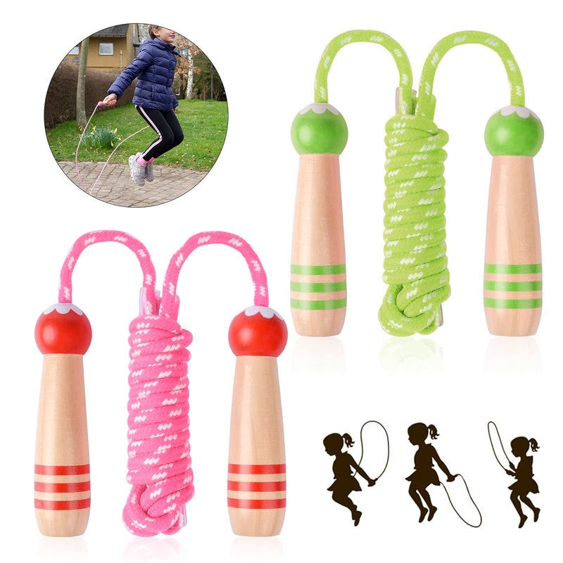 [Australia - AusPower] - 2 Pcs Jump Rope for Kids Adjustable, Lorvain Kid Jump Ropes for Girls Boys Skipping Rope for Kids with Wooden Handle Cotton Braided Outdoor Fun Activity for Exercise Fitness Children Students Preschooler Green 