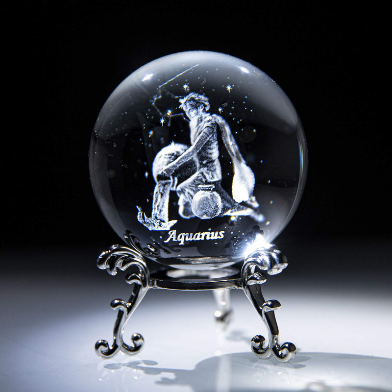 [Australia - AusPower] - 3D Laser Constellation Crystal Ball 60mm Crystal Paperweight Full Sphere Glass Fengshui With Sliver-Plated Flowering Stand(Aquarius) Aquarius 