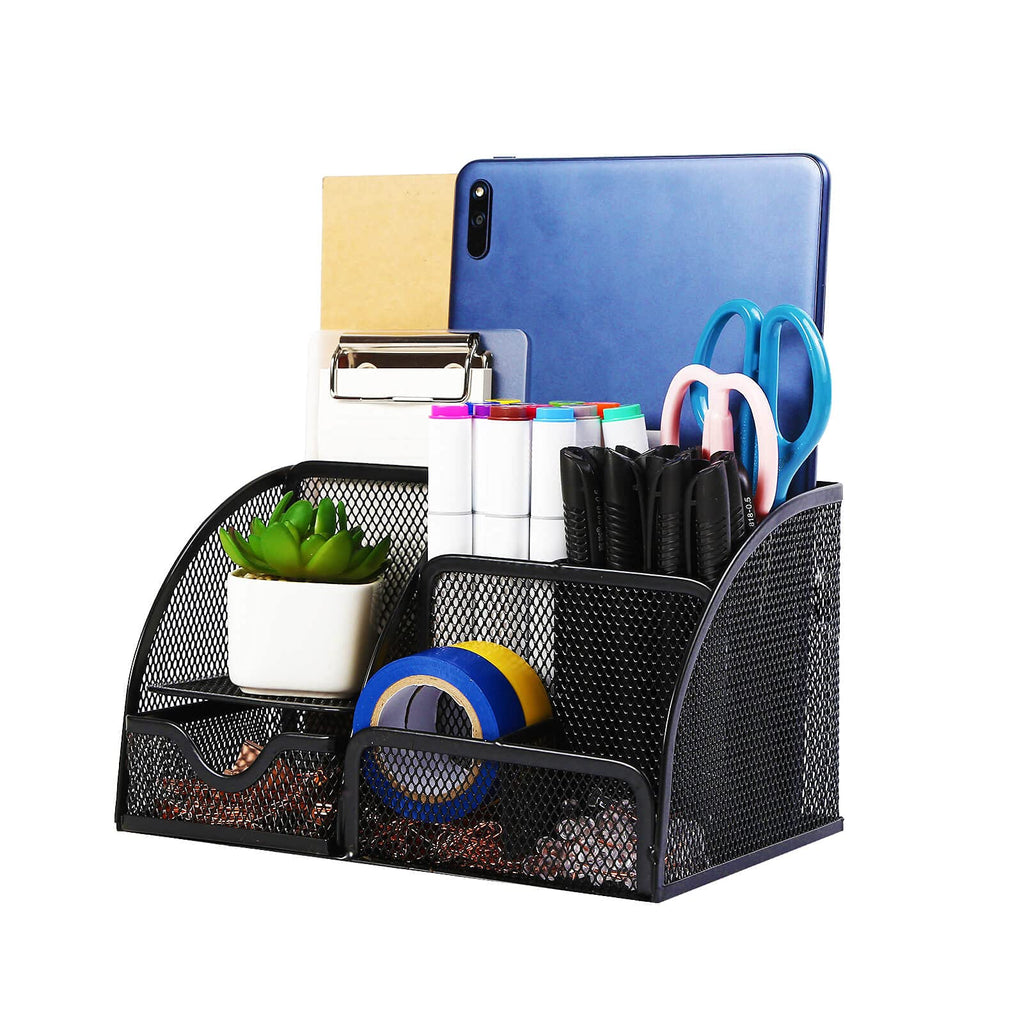[Australia - AusPower] - Mesh Desk Organizer Office Supplies Multifunctional Desk Accessories Large Capacity Storage Caddy with 6 Compartments + 1 Drawer 