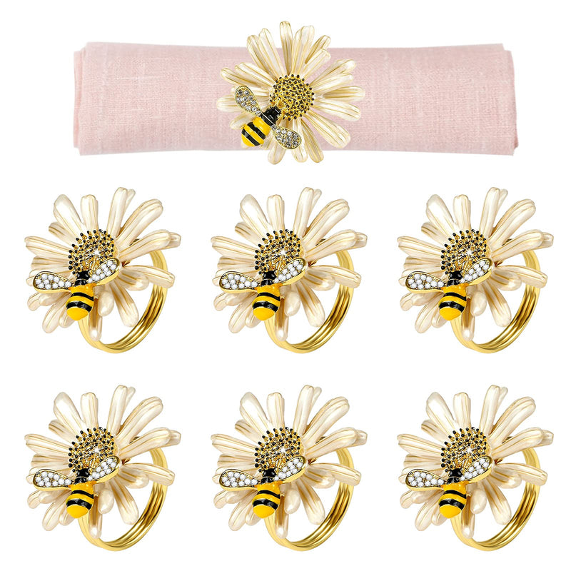 [Australia - AusPower] - Kesote Daisy Sunflower Napkin Rings Set of 6, Gold Bee Napkin Ring Holders for Formal or Casual Dinning Table Decor Cream 