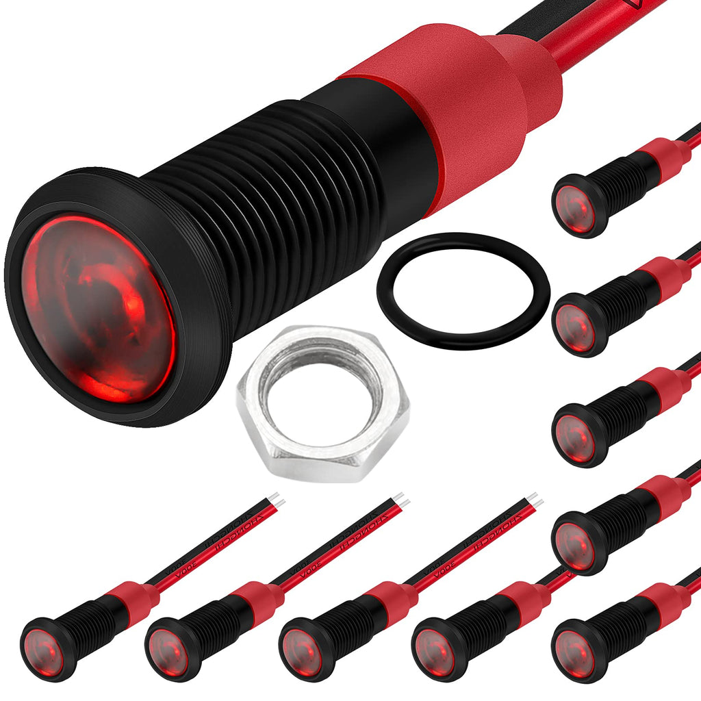 [Australia - AusPower] - DaierTek 10pcs 6mm 1/4" 12V LED Indicator Light 12 Volt Red Pilot Lamp IP67 Waterproof Aluminum Metal Material Black Bezel with Wire Leads… 