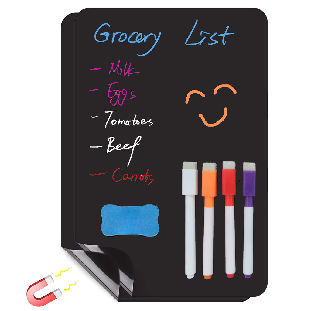 [Australia - AusPower] - 2 Pack Magnetic Dry Erase Blackboard for Fridge, 12 x 8 inch Small Dry Erase Boards with 8 Markers and Big Eraser with Magnet-Refrigerator Black Board Organizer and Planner 