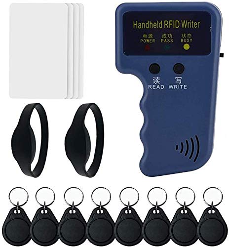 [Australia - AusPower] - 125khz RFID Card Copier Duplicator Handheld RFID Reader for Door Access Control +8pcs T5577 Key Fob Tags + 2pcs Regular EM4100 Wristband + 4pcs T5577 RFID Cards 
