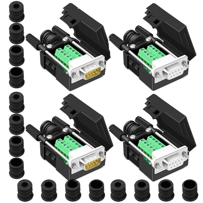 [Australia - AusPower] - ANMBEST 4PCS DB9 Breakout Connector,2PCS Male + 2PCS Female DB9 Solderless RS232 D-SUB Serial to 9-pin Port Terminal Adapter Connector Breakout Board with Case Long Bolts Tail Pipe 4PCS Male+Female 