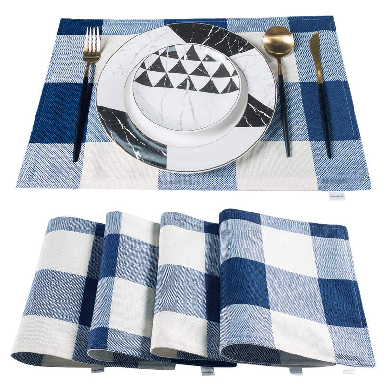 [Australia - AusPower] - smile of hope Blue and White Buffalo Plaid Placemats , Kitchen Dining Table mats, Imitation Hempable Heat Resistant 12x18 Inche Waterproof Checkered Cloth Place mats Set of 4 Dark Blue and White Plaid 12x18 inch 
