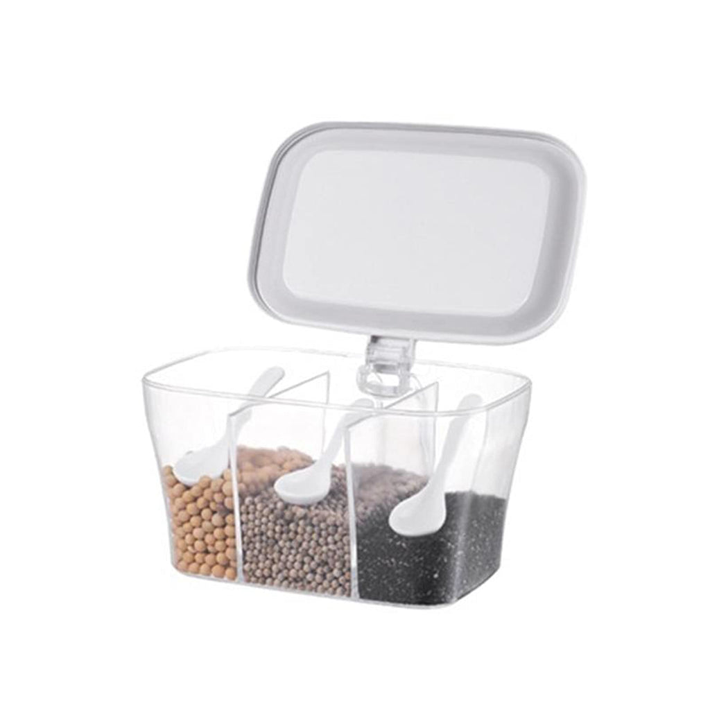 [Australia - AusPower] - POWLAB Clear Seasoning Storage Box Acrylic Container Condiment Jars Kitchen Spice Pots with Cover and Spoons for Salt Sugar Cruet Spice Seasoning Box -3 Compartment (Grey) Gray 