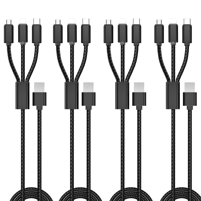 [Australia - AusPower] - Multi Charging Cable, 4Pack/3.3FT 3 in 1 Fast Charging Cord Adapter with USB-C, Micro USB Port Connectors, Nylon Braided Universal USB Cable for Cell Phones, Android Devices and More… Black 