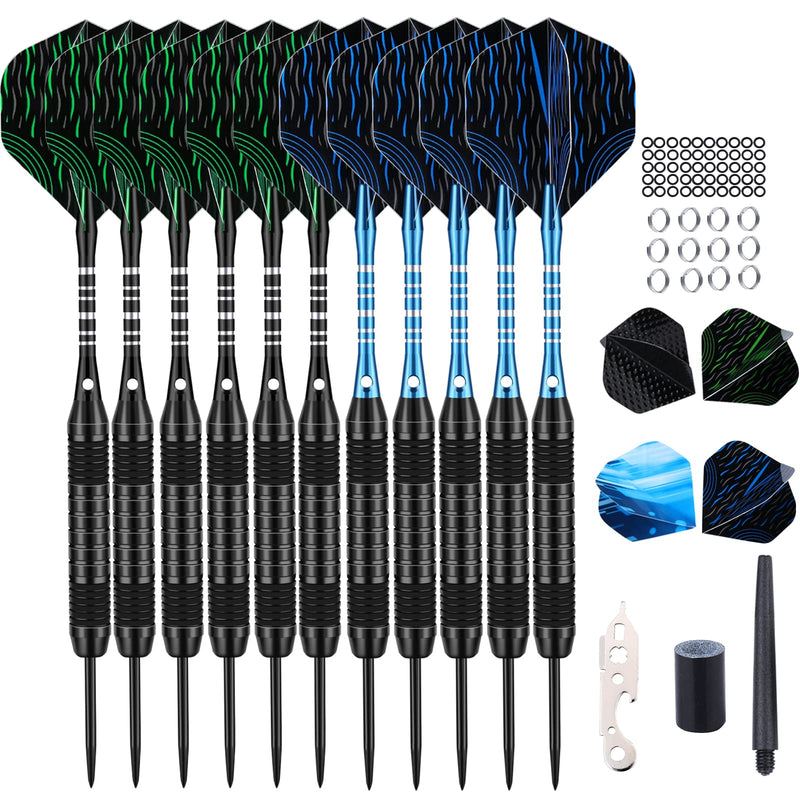 [Australia - AusPower] - DARTSPACE 12 Pack Steel Tip Darts Set 24 Grams, Metal Tip Darts with Premium Black Blue Aluminum Shafts, Extra 50 Rubber O-Rings 6 Nylon Shafts 12 Spring Rings 16 Flights Protector 1 Tool Kit 