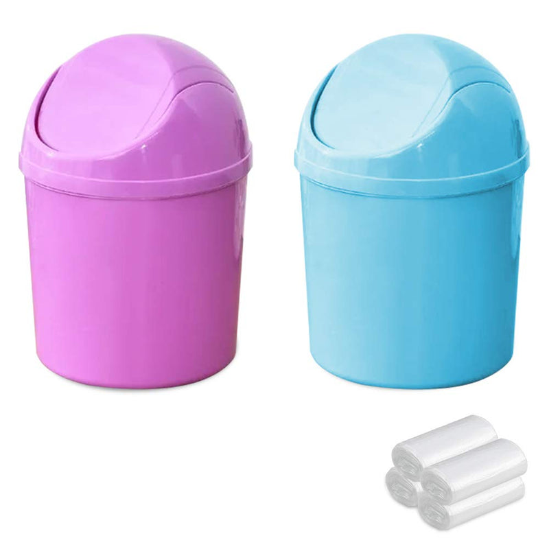 [Australia - AusPower] - SITAKE 2 Pcs Plastic Mini Wastebasket Trash Can with Swing Lid with 4 Rolls of Trash Bags, Tiny Desktop Waste Garbage Bin for Home, Office, Kitchen, Vanity Tabletop, Bedroom, Bathroom (Blue + Purple) Blue + Purple 