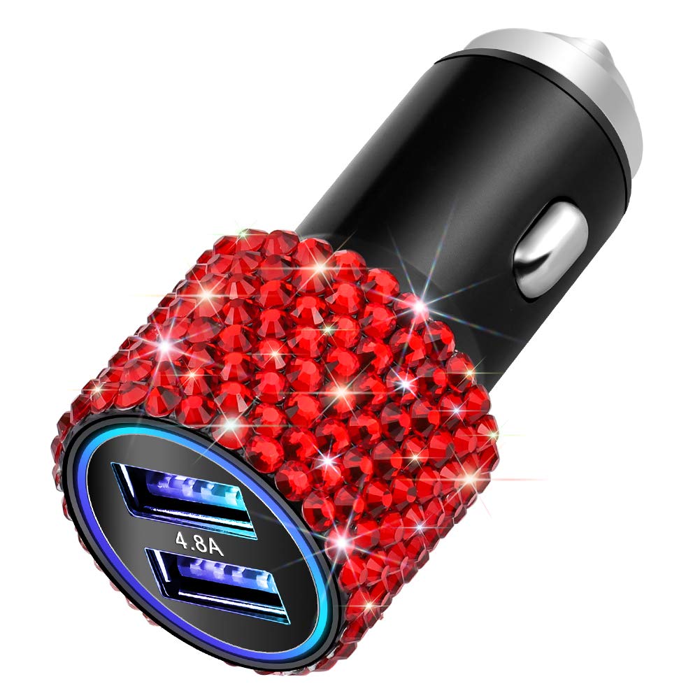 [Australia - AusPower] - OTOSTAR Dual USB Car Charger, 4.8A Output, Bling Crystal Diamond Car Decorations Accessories Fast Charging Adapter for iPhones Android iOS, Samsung Galaxy, LG, Nexus, HTC (Red) 
