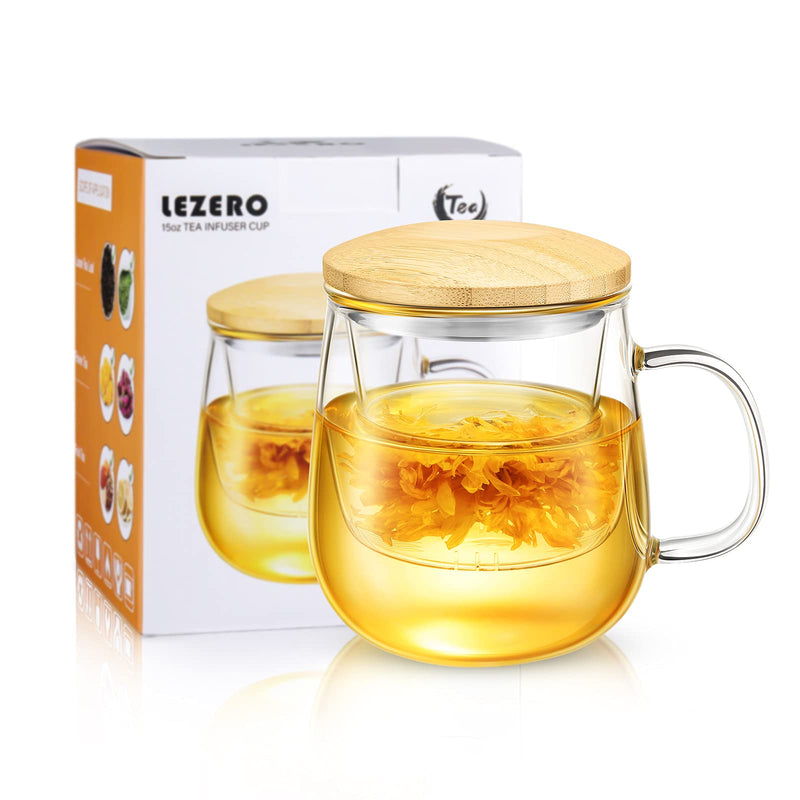 [Australia - AusPower] - Lezero Glass Tea Infuser Cups with Strainer and Lid, 15 ounce Heat Resistance Borosilicate Glass Teacups for Blooming Tea & Loose Leaf Tea, Lead-free, Microwave & Dishwasher Safe - For Tea Lovers 