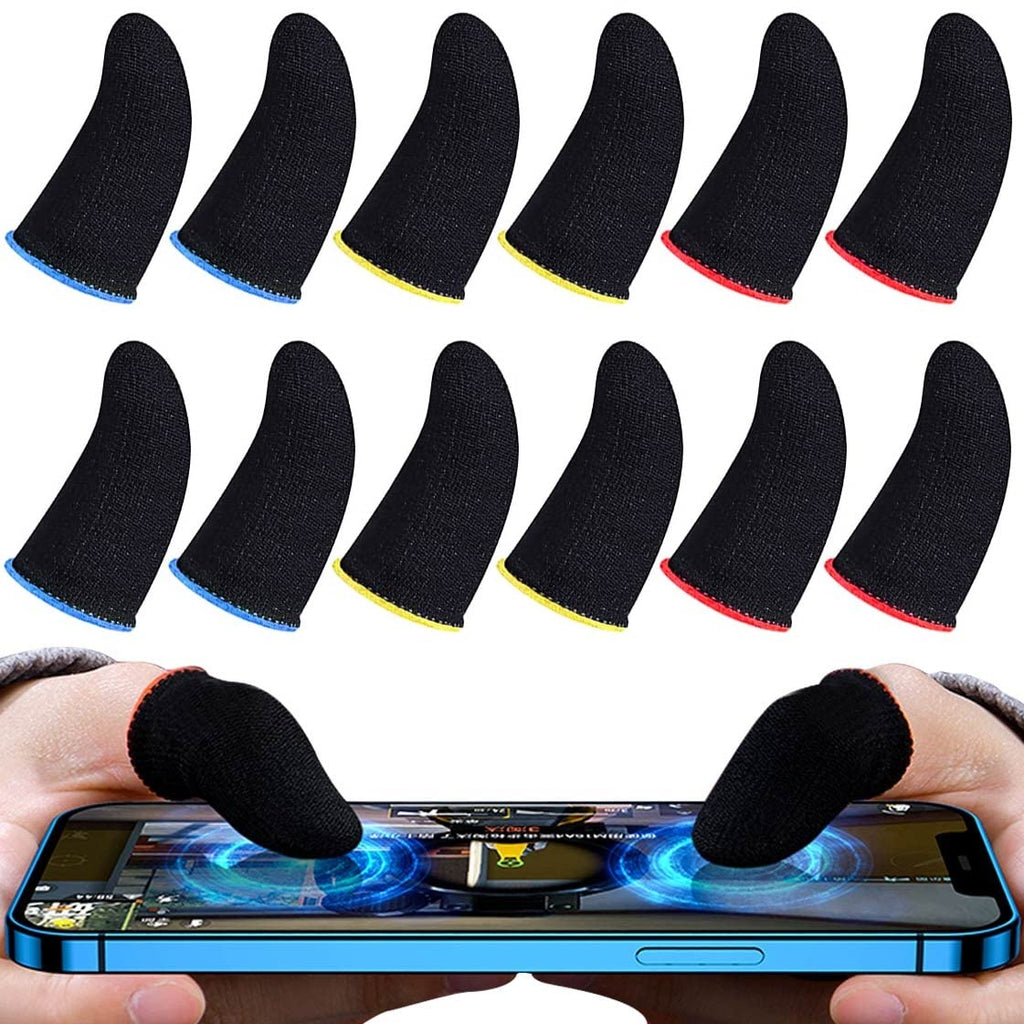 [Australia - AusPower] - 12 Pieces Finger Sleeves for Gaming, Thumb Sleeves Mobile Gaming Anti-Sweat Breathable Seamless Touchscreen Mobile Game Controller Finger Covers Set for PUBG 12PCS- Blue,Yellow,Red 